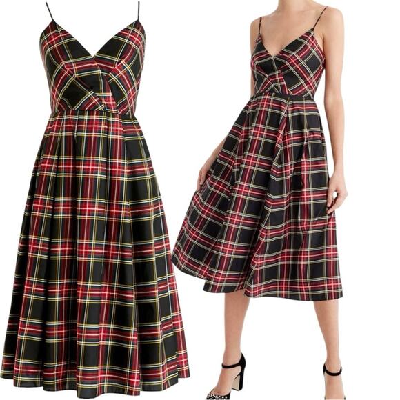 J. Crew NWT Spaghetti Strap Stewart Silk Plaid A-Line Midi Dress Size 12 - Picture 1 of 9
